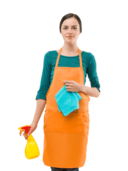 Girl cleaner wearing orange cleaning apron and holding a spray